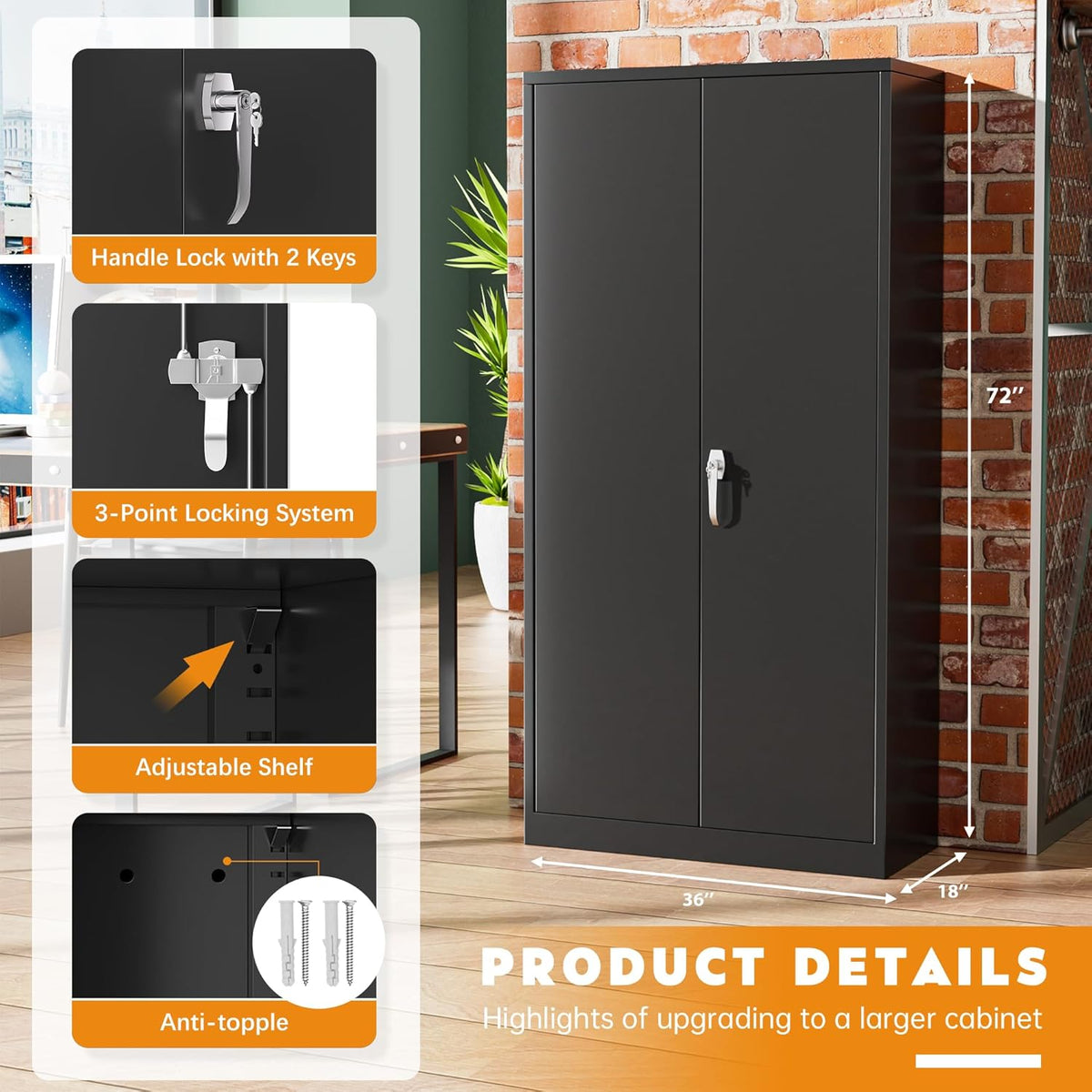 Greenvelly Steel SnapIt Storage Cabinet, 72" Locking Metal Garage Storage Cabinet with 4 Adjustable Shelves, 2 Doors and Lock for File, Office, Garage, Home (Black)