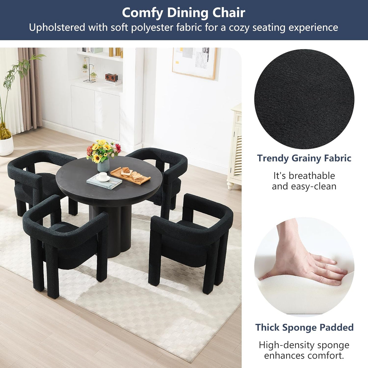 Boucle Barrel Side Chairs Set of 6, Modern Designed Upholstered Comfy Sherpa Fabric Accent Kitchen/Dining Chair, Kitchen Armchair for Living Room Dining Room Bedroom (Black, Set of 6)