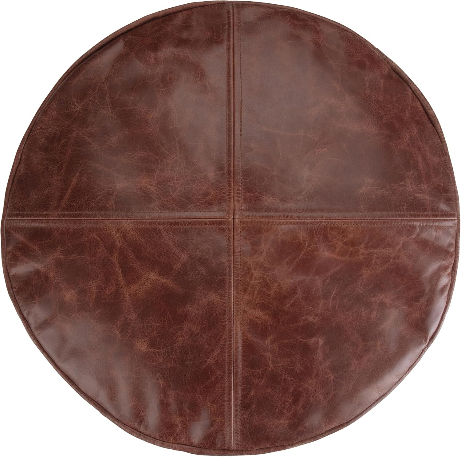 SIMPLIHOME Connor 18" Wide Round Pouf in Distressed Brown Genuine Leather | Boho footstool, extra seating for living room or bedroom with polystyrene filling, assembled; pouf ottoman or floor cushion.