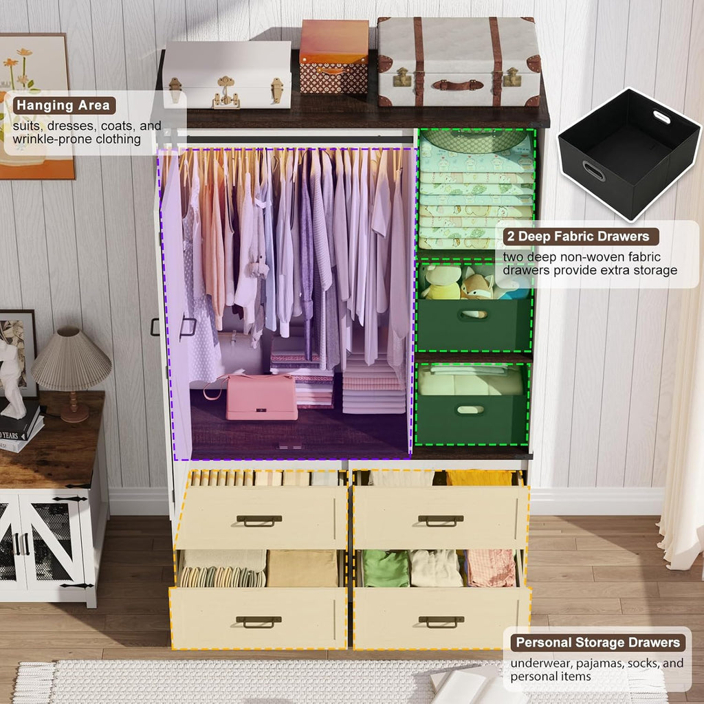 Farmhouse 3 Doors Armoire Wardrobe Closet w/Folding Sliding Barn Door and Lights, LED Armoire Closet w/Drawers for Bedroom, Freestanding Wooden Wardrobe Storage Closets w/Hanging Rod,Antique White