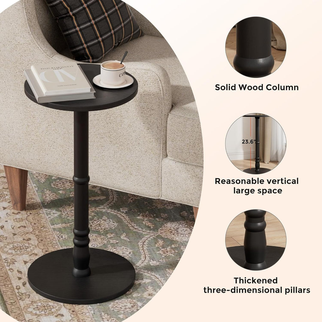 Homleke 12" Round Side Table, Solid Wood Pillar with Wood Top & Base, Small Drink Accent Table for Living Room, Bedroom, Sofa & Office, Easy Assembly, Black