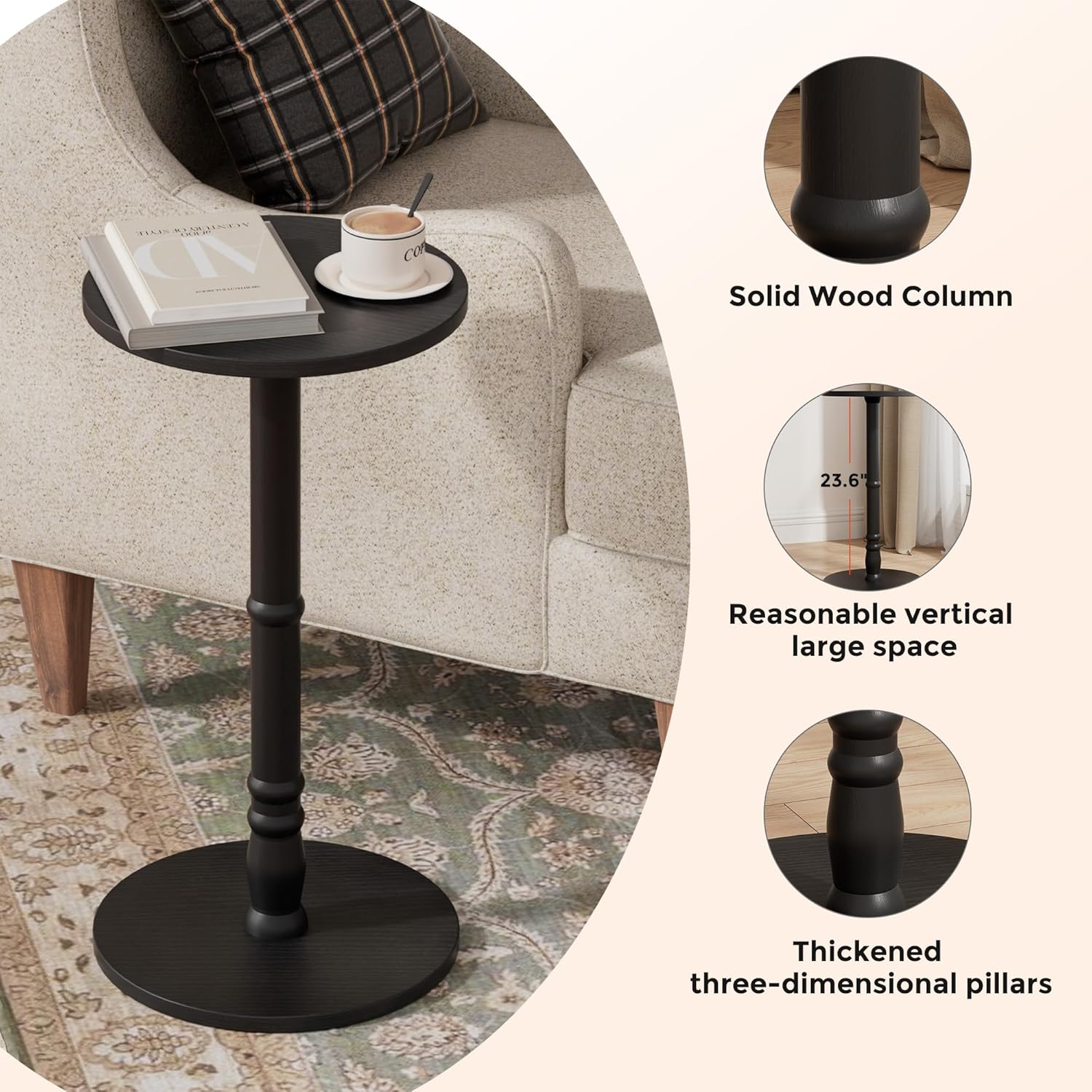 Homleke 12" Round Side Table, Solid Wood Pillar with Wood Top & Base, Small Drink Accent Table for Living Room, Bedroom, Sofa & Office, Easy Assembly, Black