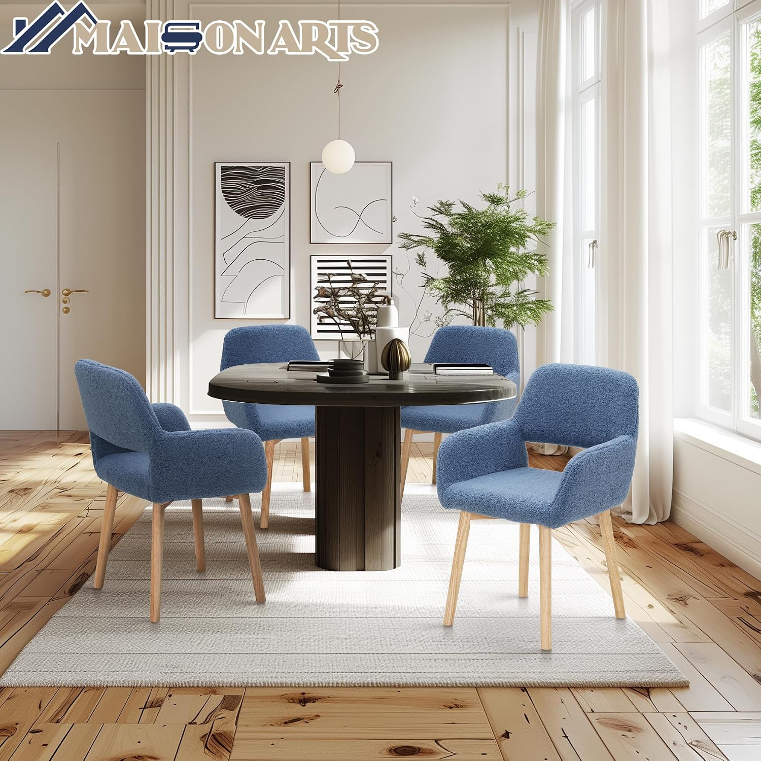 MAISON ARTS Mid Century Modern Dining Chairs with Arms Set of 2, Comfy Accent Chair with Solid Wood Legs Upholstered Kitchen Dining Room Chairs Lounge Chairs for Living Room Bedroom, Blue, 2pcs