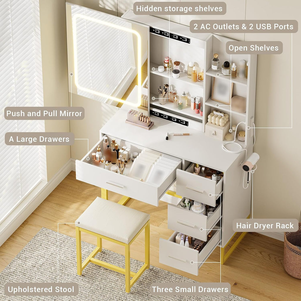 GAOMON 57'' Large Vanity Desk with Mirror & Lights, Makeup Vanity Table with Charging Station,