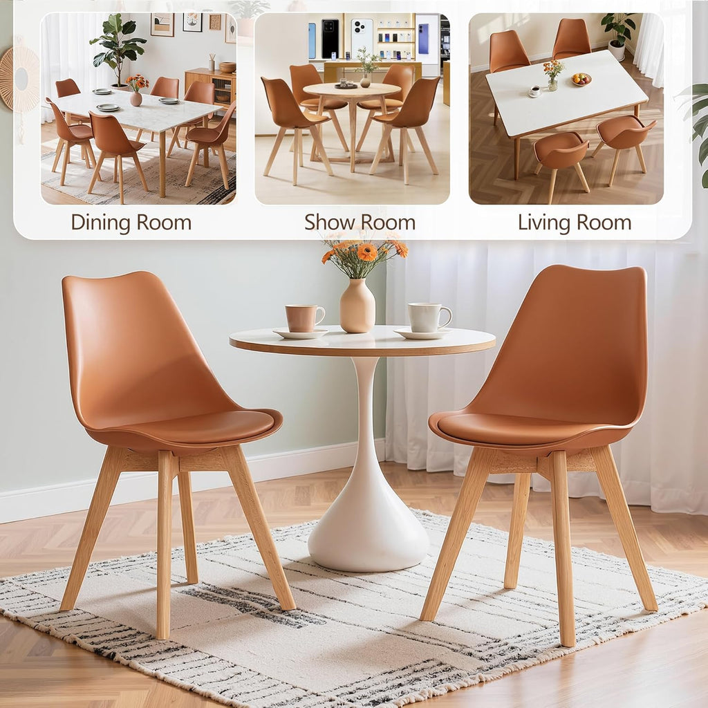VECELO Dining Chairs Set of 4, Mid-Century Modern Kitchen & Dining Room Chairs, PU Leather Upholstered Seat, Solid Wood Legs, Armless, Non-Slip Feet, Orange