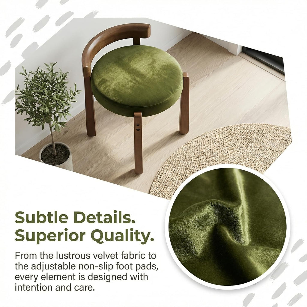 DUOMAY Velvet Vanity Stool with Low Back, Upholstered Round Makeup Stool, Cute Solid Wood Legs Footrest Ottoman for Bedroom, Dressing Table, Living Room (Green)