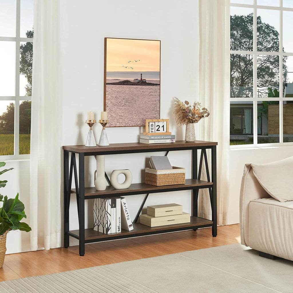 Entryway Console Table, 3 Tier Entry Table with Open Shelves, Brown, 47 IN | Rustic Sofa Table with Wide Storage, Horizontal Book Shelf, Industrial 3 Tier Bookshelf for Living Room, Hallway