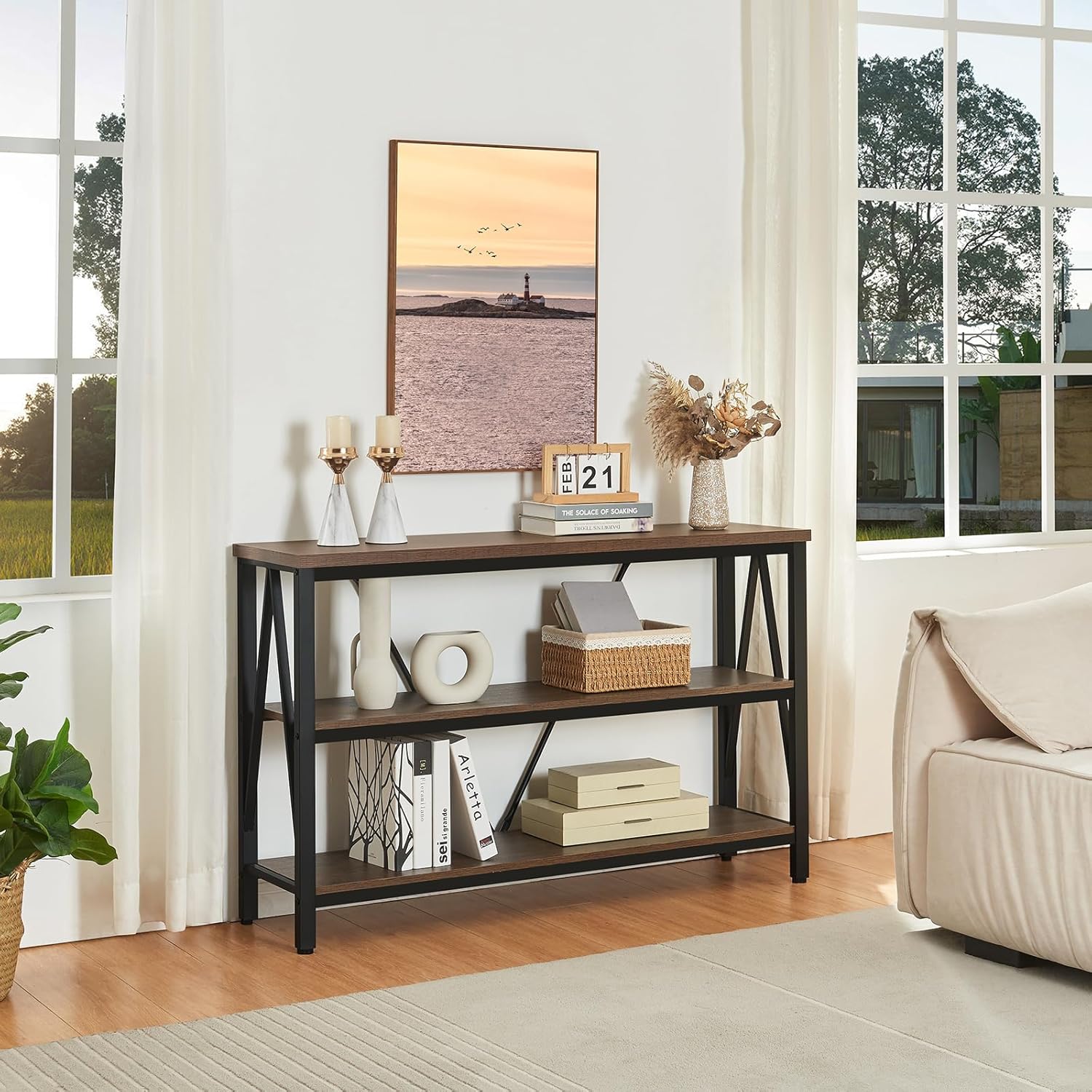 Entryway Console Table, 3 Tier Entry Table with Open Shelves, Brown, 47 IN | Rustic Sofa Table with Wide Storage, Horizontal Book Shelf, Industrial 3 Tier Bookshelf for Living Room, Hallway