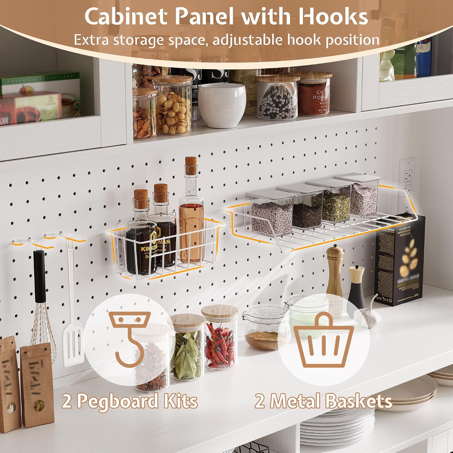 71" Kitchen Pantry Storage Cabinet with LED Light & Outlet, White | Large Countertop, DIY Pegboard, Adjustable Shelves, Freestanding Cupboards Sideboard for Living Room and Dinning