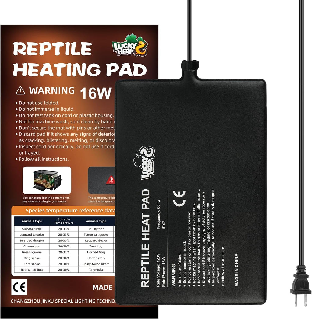 LUCKY HERP Reptile Heat Pad 8x12 Inch 16W Under Tank Terrarium Heating Mat, Reptile Heat Mat, Reptile Heating Pad for Turtle, Lizard, Hermit Crab, Frog, Snake
