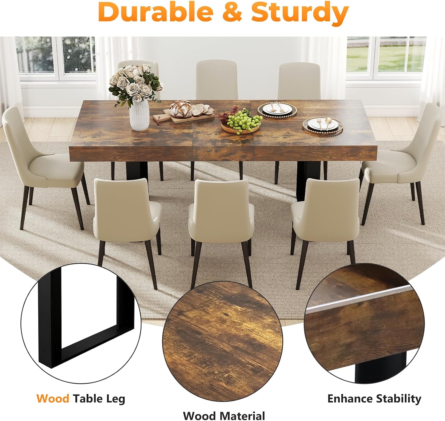 Zevemomo 63"-78.7" Rectangular Extendable Dining Table, 6-8 Extendable Dining Table, Conference Table, Kitchen Table with Slide Track, Tapered U-Shaped Wood Legs for Office, Living Room-Rustic Brown