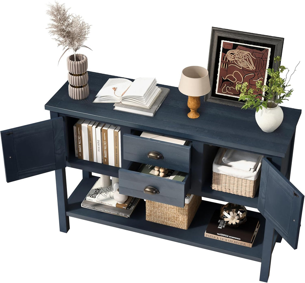 LKTART Farmhouse Sideboard Buffet Cabinet,Solid Wood Sideboard with Storage Drawers and Bottom Shelf, Buffet Cabinet Coffee Bar for Entryway Hallway Foyer,Easy Assembled (46.5" Navy Blue)