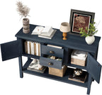 LKTART Farmhouse Sideboard Buffet Cabinet,Solid Wood Sideboard with Storage Drawers and Bottom Shelf, Buffet Cabinet Coffee Bar for Entryway Hallway Foyer,Easy Assembled (46.5" Navy Blue)
