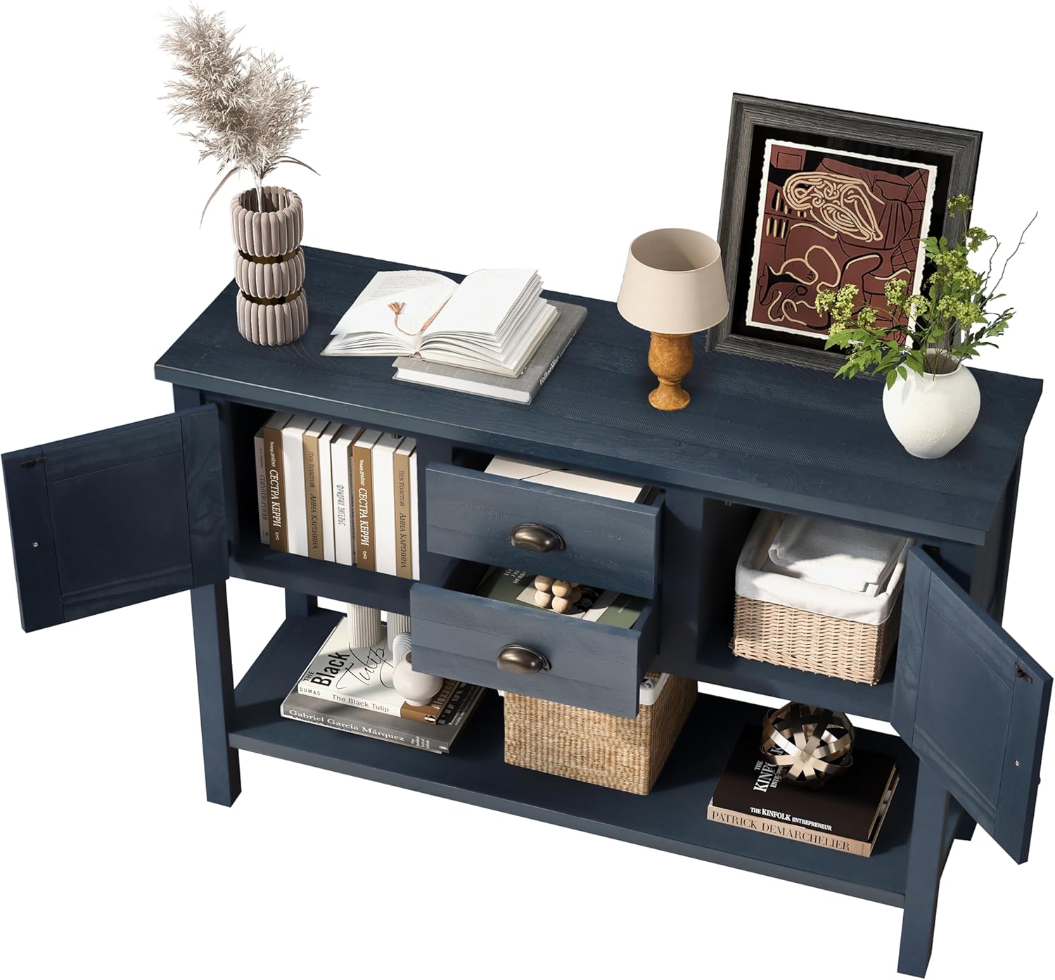 LKTART Solid Wood Farmhouse Console Table,Sofa Table with Storage Drawers and Shelves,Entryway Table for Entry Hallway Foyer Sofa Side Table,EasyAssembled (48" Navy Blue)