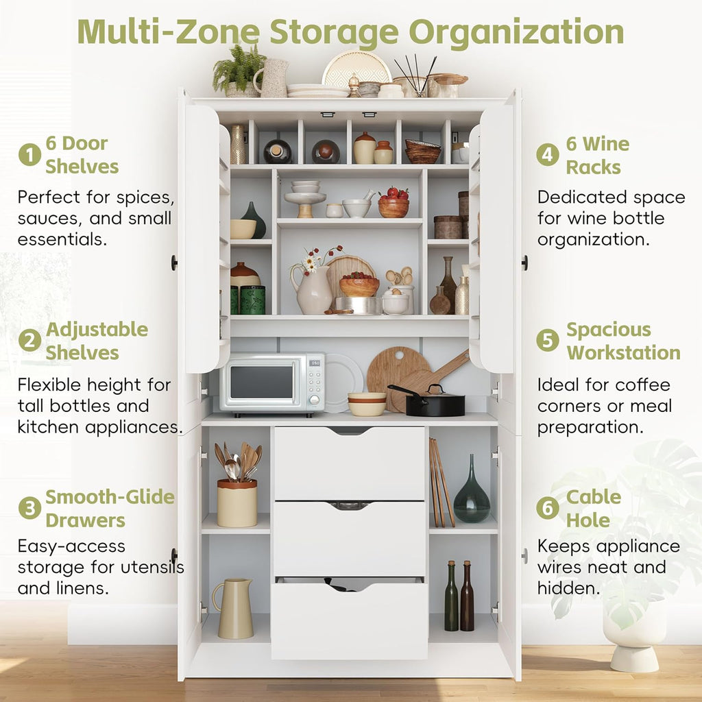 70.9" Tall Kitchen Pantry Cabinet with 4 Doors 3 Drawers 6 Wine Racks & Removable Shelves, Freestanding Storage Cabinets with Built-in Workstation for Kitchen Dining Room Living Room(White)