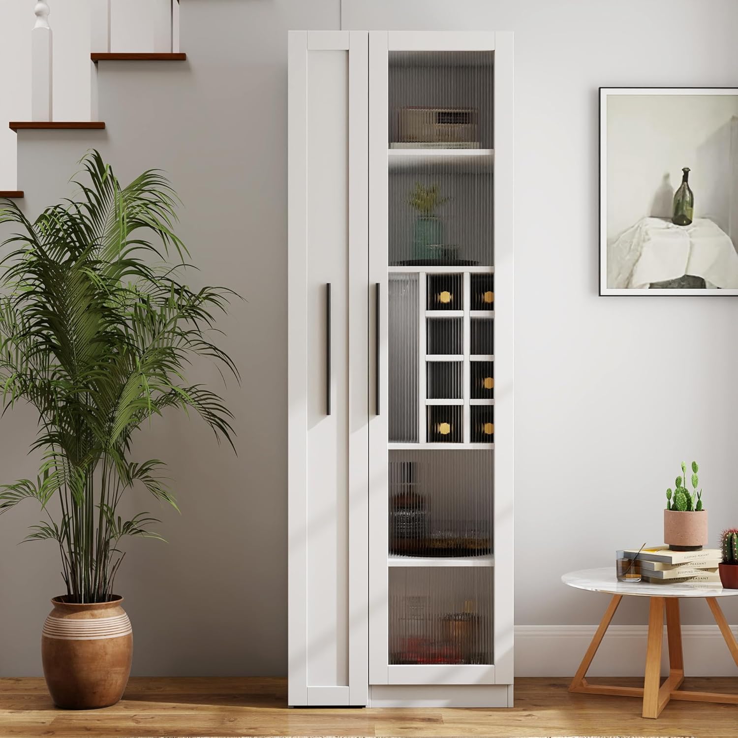 Kitchen Pantry Cabinet with Pull-Out Multi-Tier Storage Shelf, Farmhouse Storage Cabinet with Glass Doors, Tall Pantry Organizer for Kitchen, Dining Room & Living Room White