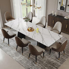 Expandable Dining Table 62.99 to 94.48 Inch Sintered Stone Marble Table Black Carbon Steel Base Diagonal Leg Design for Home Kitchen (Snowflake White)
