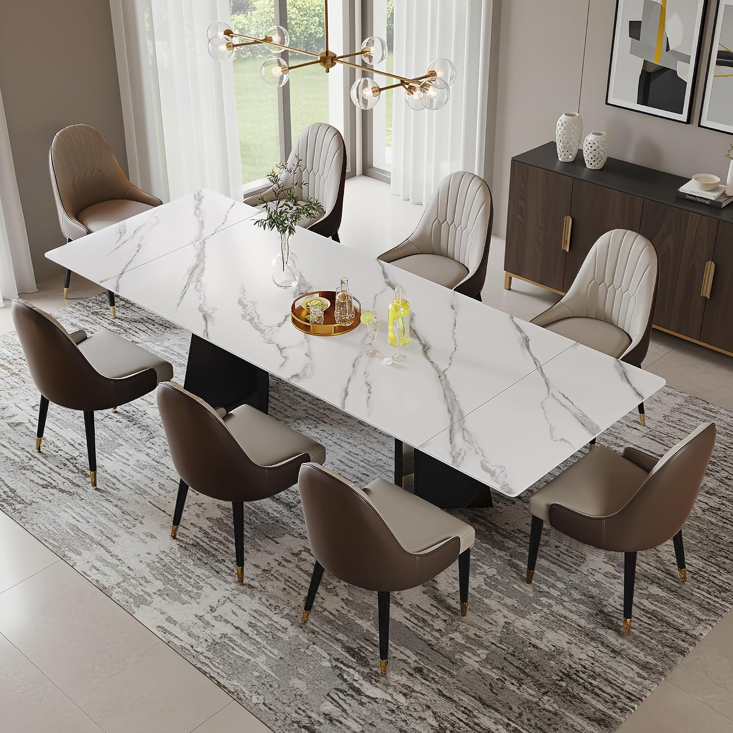 Expandable Dining Table 62.99 to 94.48 Inch Sintered Stone Marble Table Black Carbon Steel Base Diagonal Leg Design for Home Kitchen (Snowflake White)