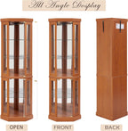 70" Lighted Corner Curio Cabinet, Wood China Display Case with Tempered Glass Doors & Adjustable Shelves, Light Bulb Included, Tall Wine Storage Rack for Bar and Liquor Storage (Dark Oak)