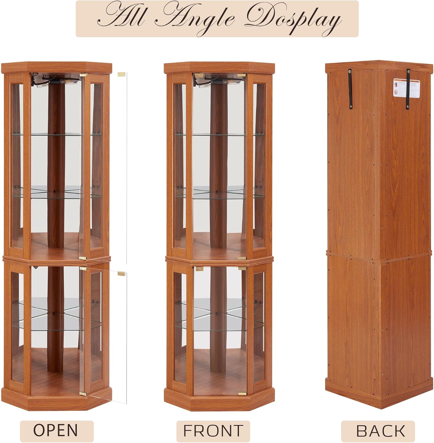70" Lighted Corner Curio Cabinet, Wood China Display Case with Tempered Glass Doors & Adjustable Shelves, Light Bulb Included, Tall Wine Storage Rack for Bar and Liquor Storage (Dark Oak)