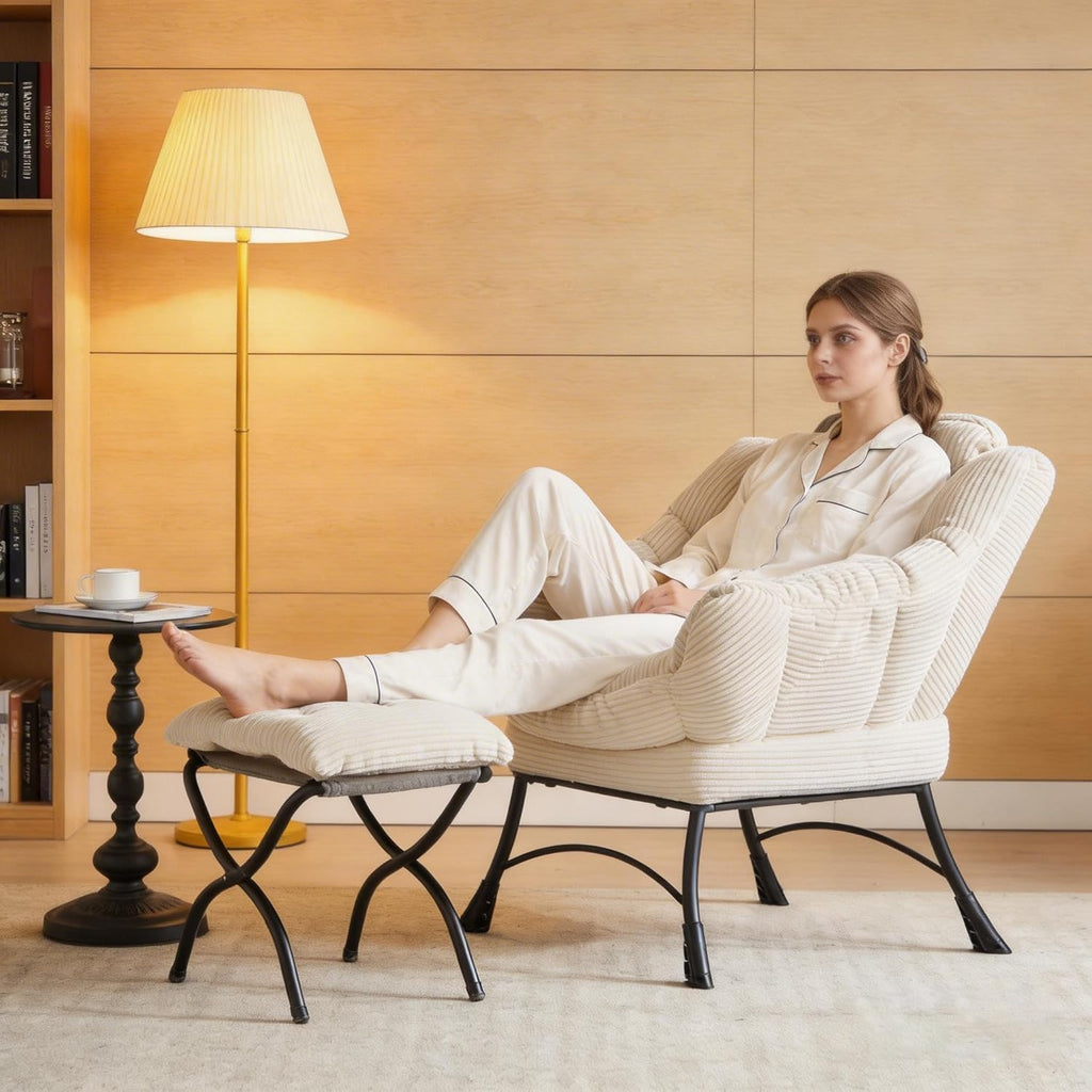 Corduroy Lazy Chair with Ottoman, Modern Large Accent Lounge Chair, Comfy Upholstered Reading Chair with Footrest, Oversized Leisure Armchair for Living Room, Bedroom, Dorm, White