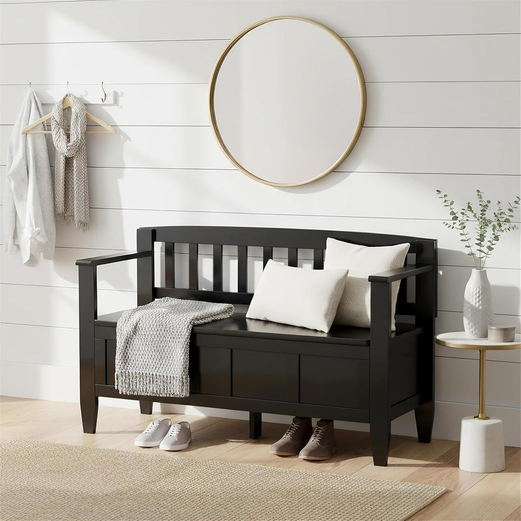 SIMPLIHOME Brooklyn Entryway Storage Bench - 48 inch Wide Solid Wood Storage Seat in Deep Black, Contemporary Bench for Entryway or Living Room with Lift-Up Lid and Slatted Backrest