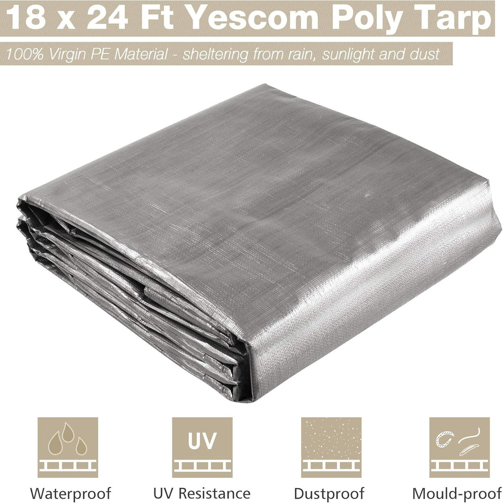 Yescom Tarp Heavy Duty Waterproof 14 Mil 18' x 24' Reinforced Poly Large Tarpaulin Ground Sheet Cover with Grommets for Outdoor Silver & Black