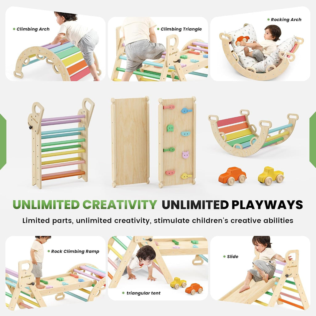 BlueWood Pikler Triangle Set Rainbow with Cushion and Wooden Busy Board