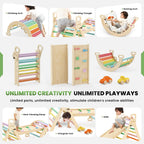 BlueWood Pikler Triangle Set Rainbow with Cushion and Wooden Busy Board
