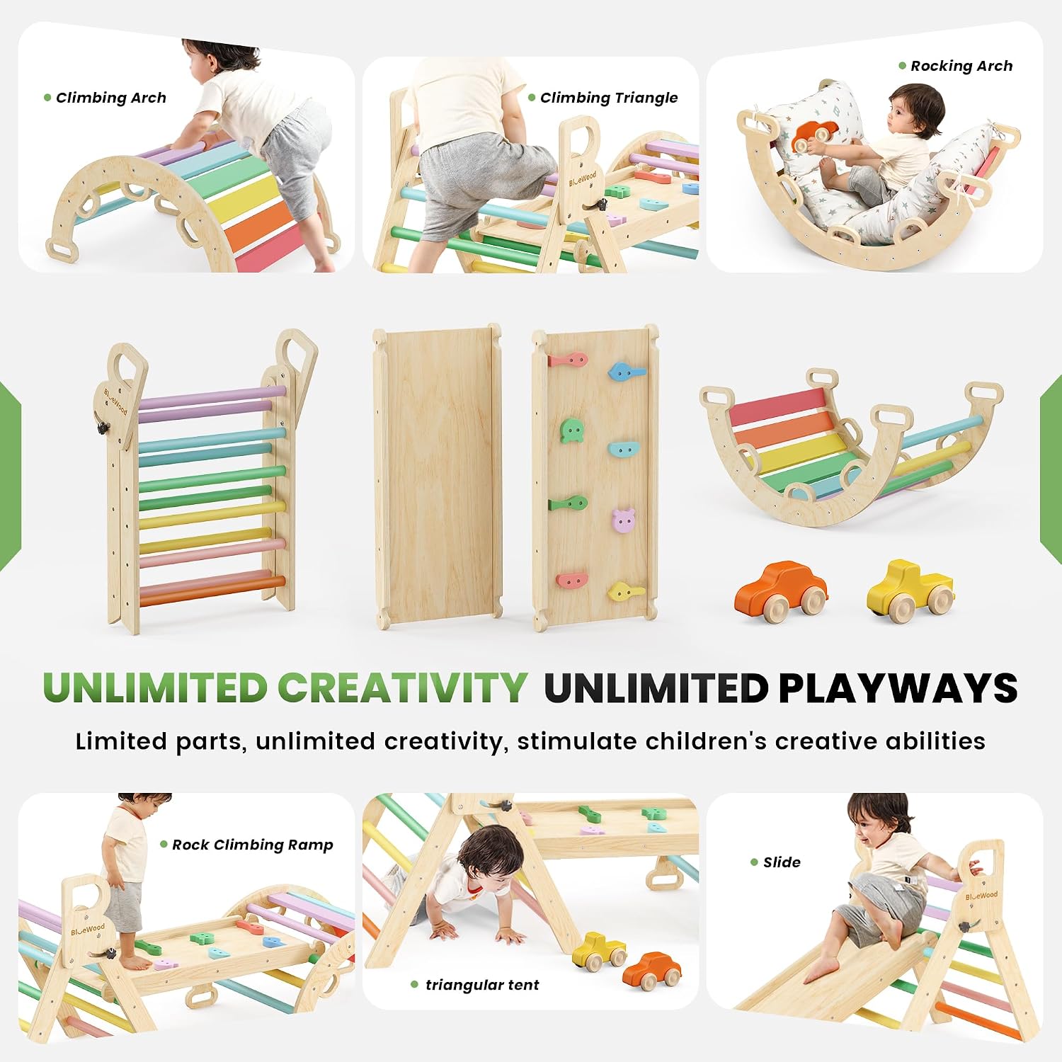 BlueWood Pikler Triangle Set Rainbow with Cushion and Wooden Busy Board