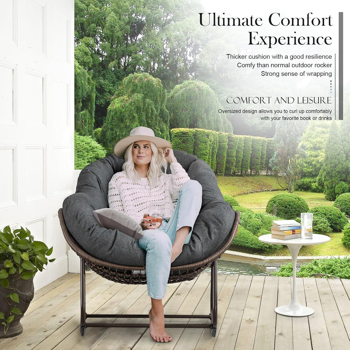Outdoor Rocking Chair Set of 2, Patio Oversized Wicker Egg Rocking Chair, Indoor & Outdoor Comfy Rocker Chair with Thick Cushion, Modern Lounge Chair for Balcony, Porch, Garden, Backyard, Deck, Grey