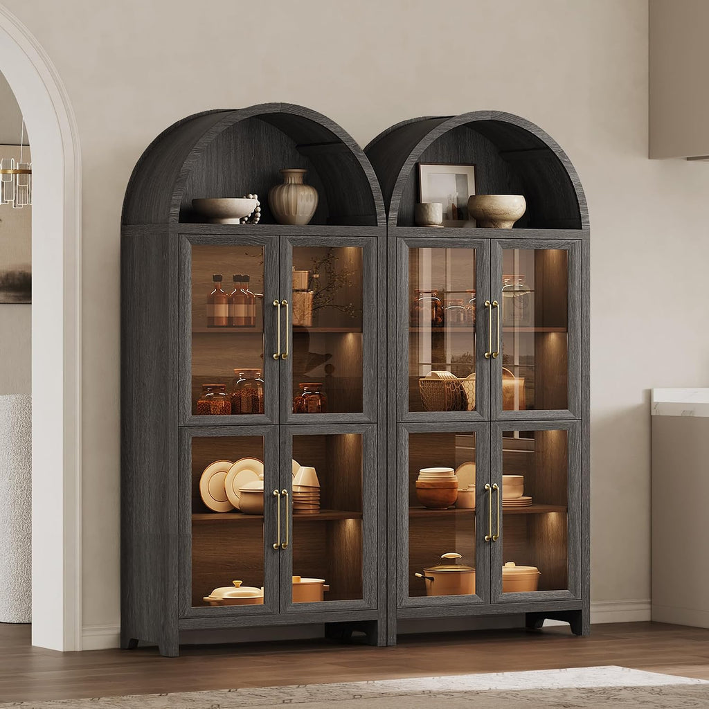 SICOTAS 74" Arched Display Cabinet with Glass Doors Set of 2, Dark Grey Oak