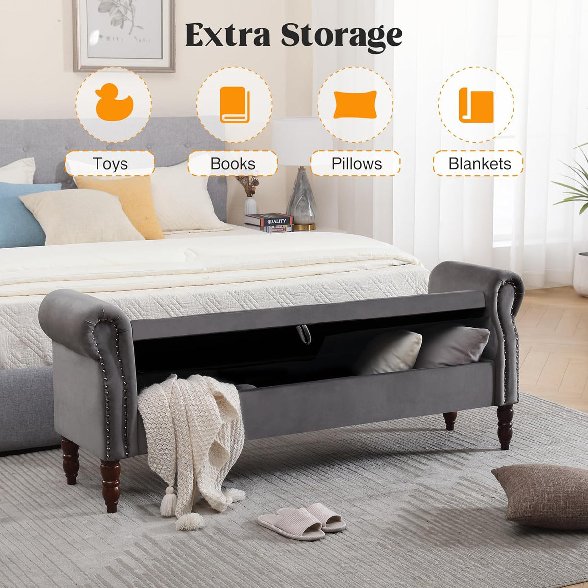67" End of Bed Storage Bench King Size, Storage Bench for Bedroom, Velvet Bed Bench with Storage Upholstered Tufted Storage Ottoman Bench with Arms for Bedroom, Living Room, Entryway, Dark Grey