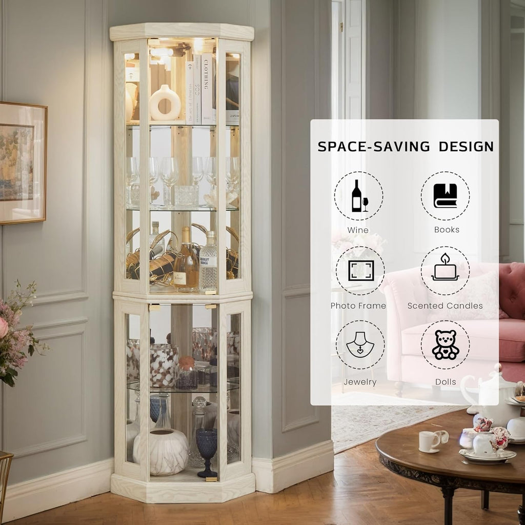 Corner Curio Cabinet, 70" H Lighted Glass Display Cage with Tempered Glass Doors and Adjustable Shelves, Bulb Inclued, Wine Bar China Cabinet for Living Room Liquor Storage (White)
