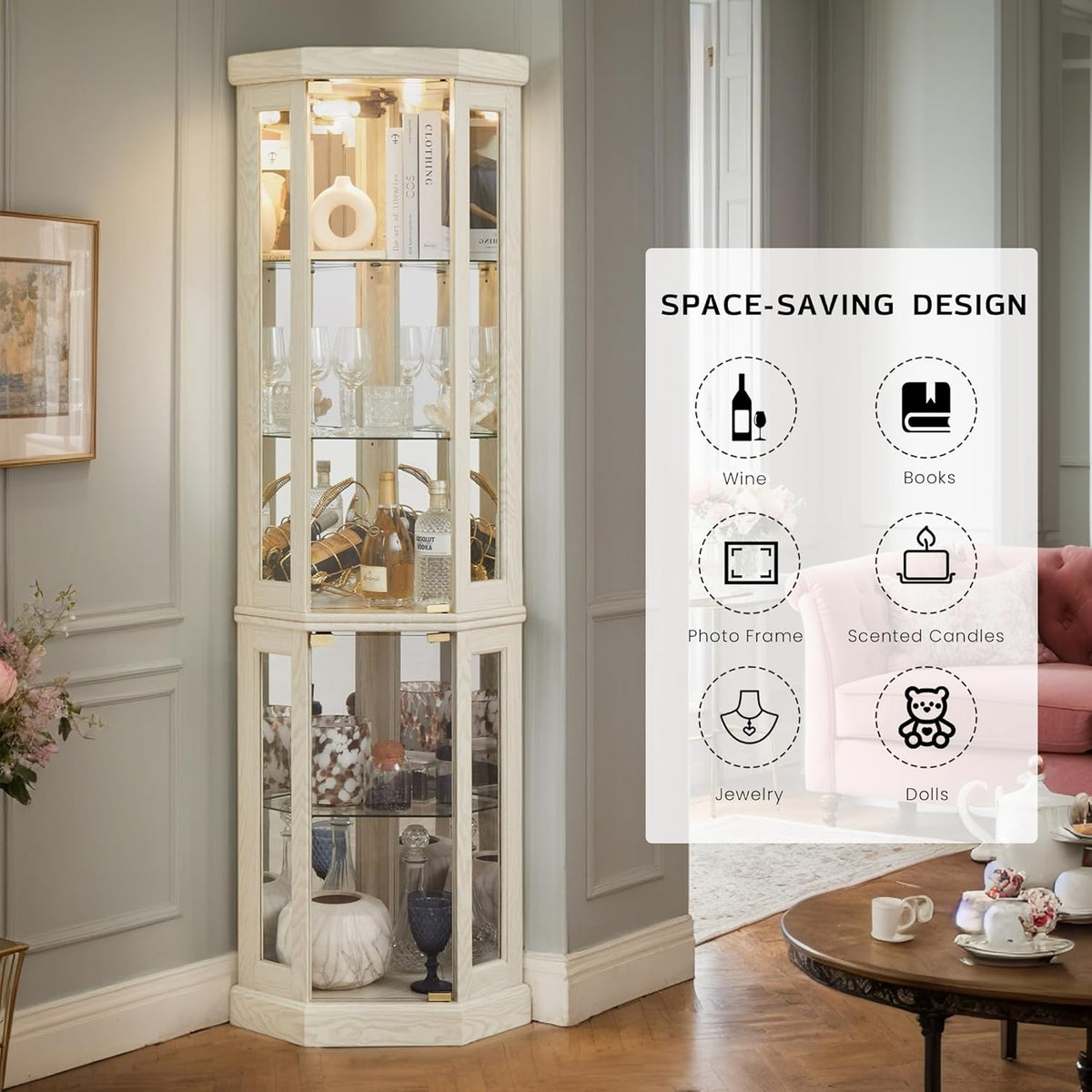 Corner Curio Cabinet, 70" H Lighted Glass Display Cage with Tempered Glass Doors and Adjustable Shelves, Bulb Inclued, Wine Bar China Cabinet for Living Room Liquor Storage (White)
