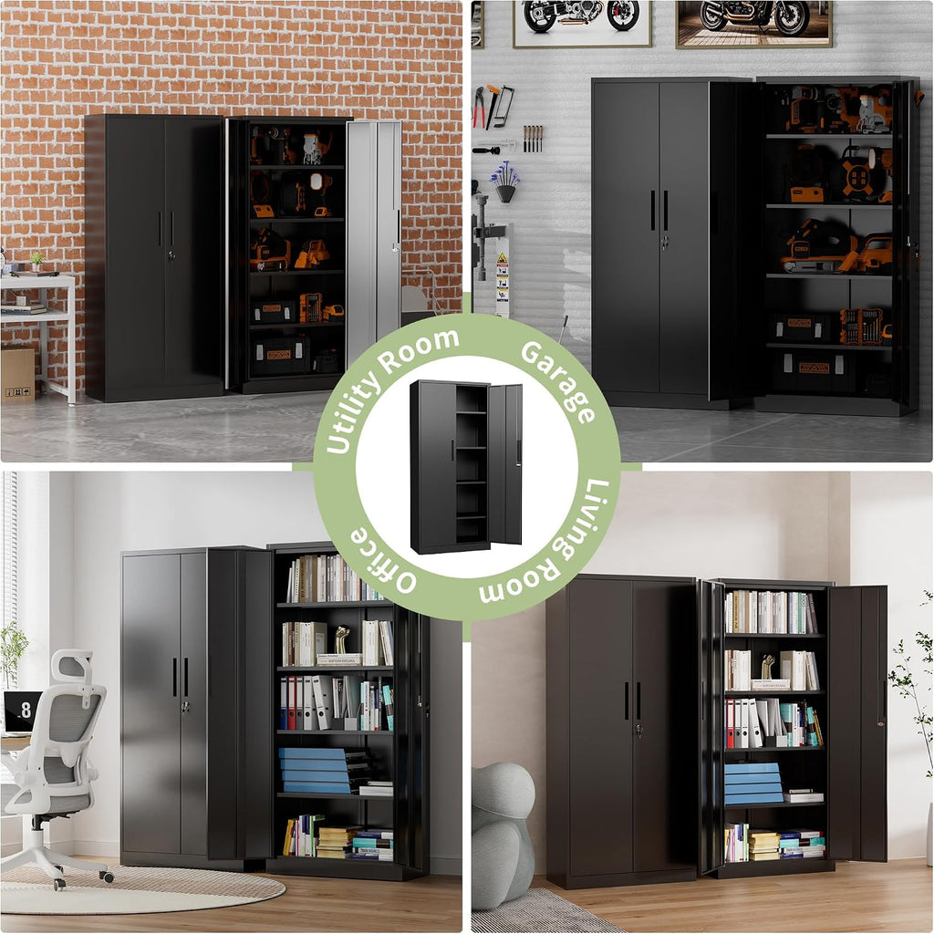 Metal Storage Cabinet, 71" H Garage Storage Cabinet with Doors and Adjustable Shelves, Heavy Duty Locking Tool Cabinet Utility Cabinets for Home Office, Garage, Warehouse, School (Black)