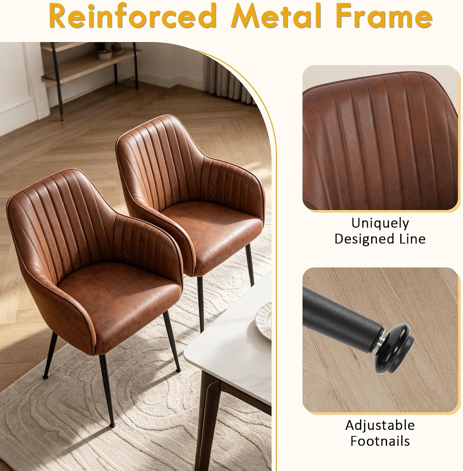 LSSPAID Dining Chairs Set of 2, Upholstered Faux Leather Modern Accent Vanity Armchair with Gold Metal Legs for Kitchen Bedroom Living Room, Brown