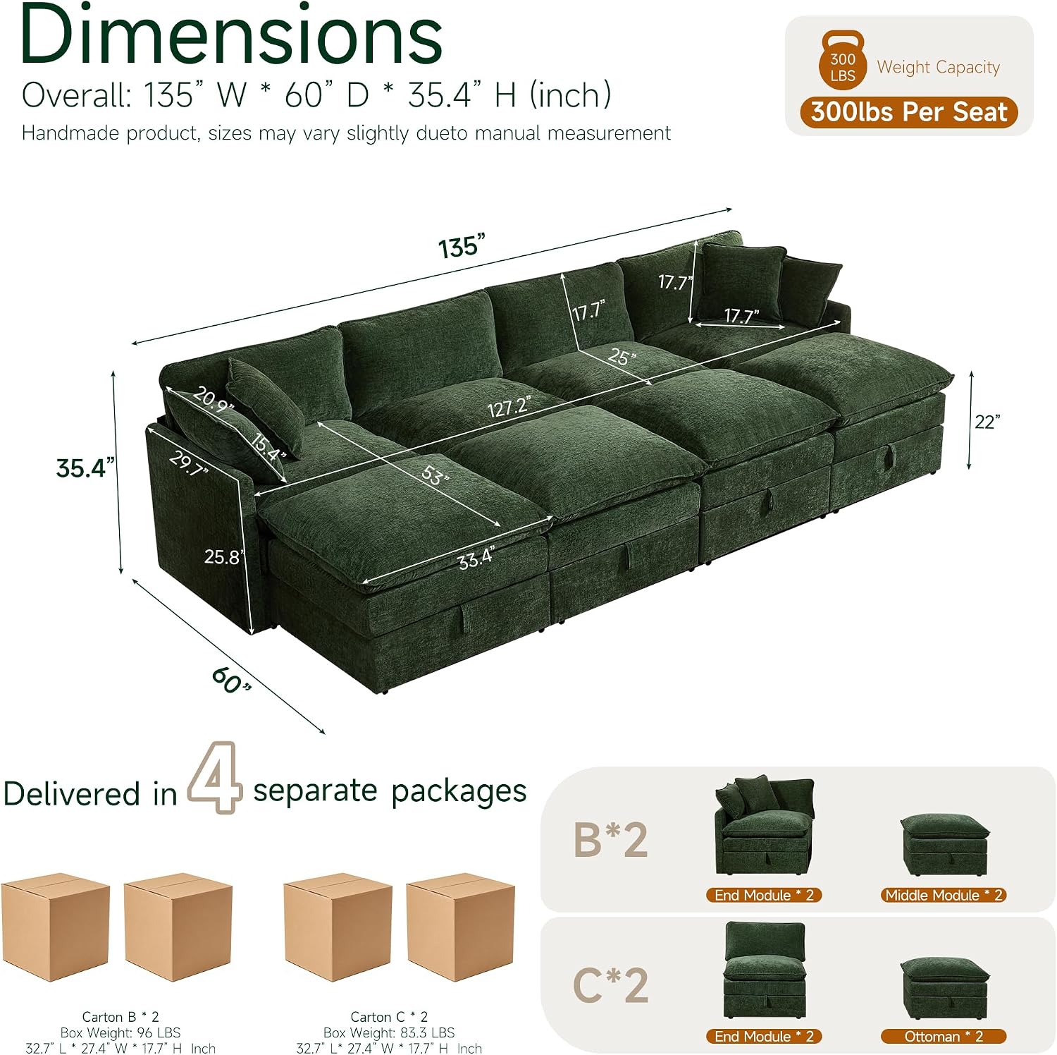 Myroyalsit Modular Sofa with Storage, 135" Sleeper Sofa Bed Sectional Cloud Couch, Oversized Fabric Couch with Movable Ottoman, 8 Seat Modern Deep Seat Sofa for Living Room (Green Chenille)