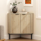 EYYTHUNG Fluted Corner Cabinet, Modern Small Corner Floor Cabinet with 2 Doors and 2-Tier Shelves, Freestanding Narrow Organizer for Living Room Kitchen Bathroom, Light Oak