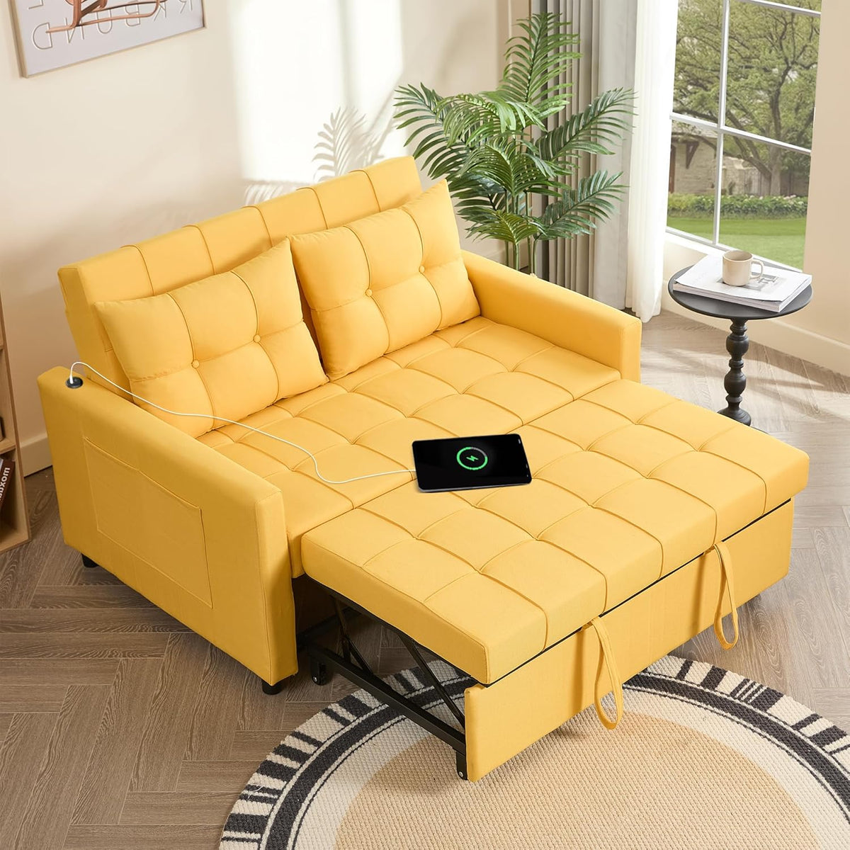 GOSUHI 52" 3-in-1 Convertible Sleeper Sofa Bed, Linen, Yellow | Pull-Out Bed, Stepless Adjustable Backrest, Side Pocket, Compact Loveseat, Living Room, Dorm & Apartment