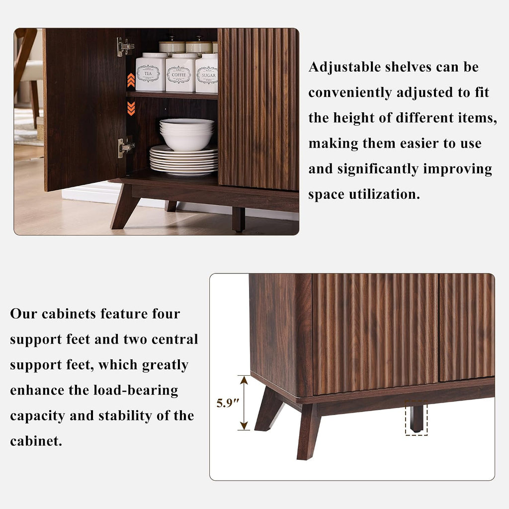 T4TREAM 60 Inch Fluted Buffet Sideboard Cabinet, Dark Walnut | Modern Coffee Bar Storage Cabinet With 3 Drawers & 4 Doors, for Dining Room, Living Room, Hallway, Adjustable shelves