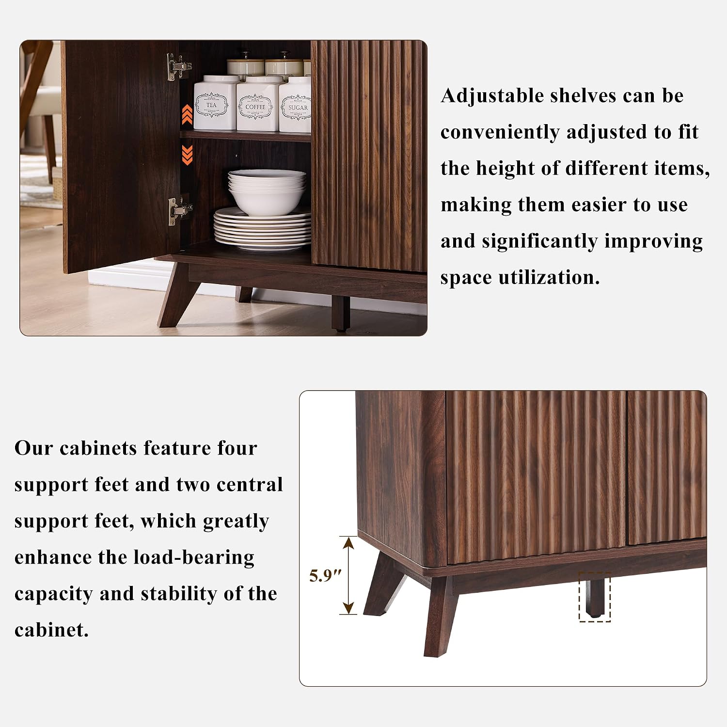 T4TREAM 60 Inch Fluted Buffet Sideboard Cabinet, Dark Walnut | Modern Coffee Bar Storage Cabinet With 3 Drawers & 4 Doors, for Dining Room, Living Room, Hallway, Adjustable shelves