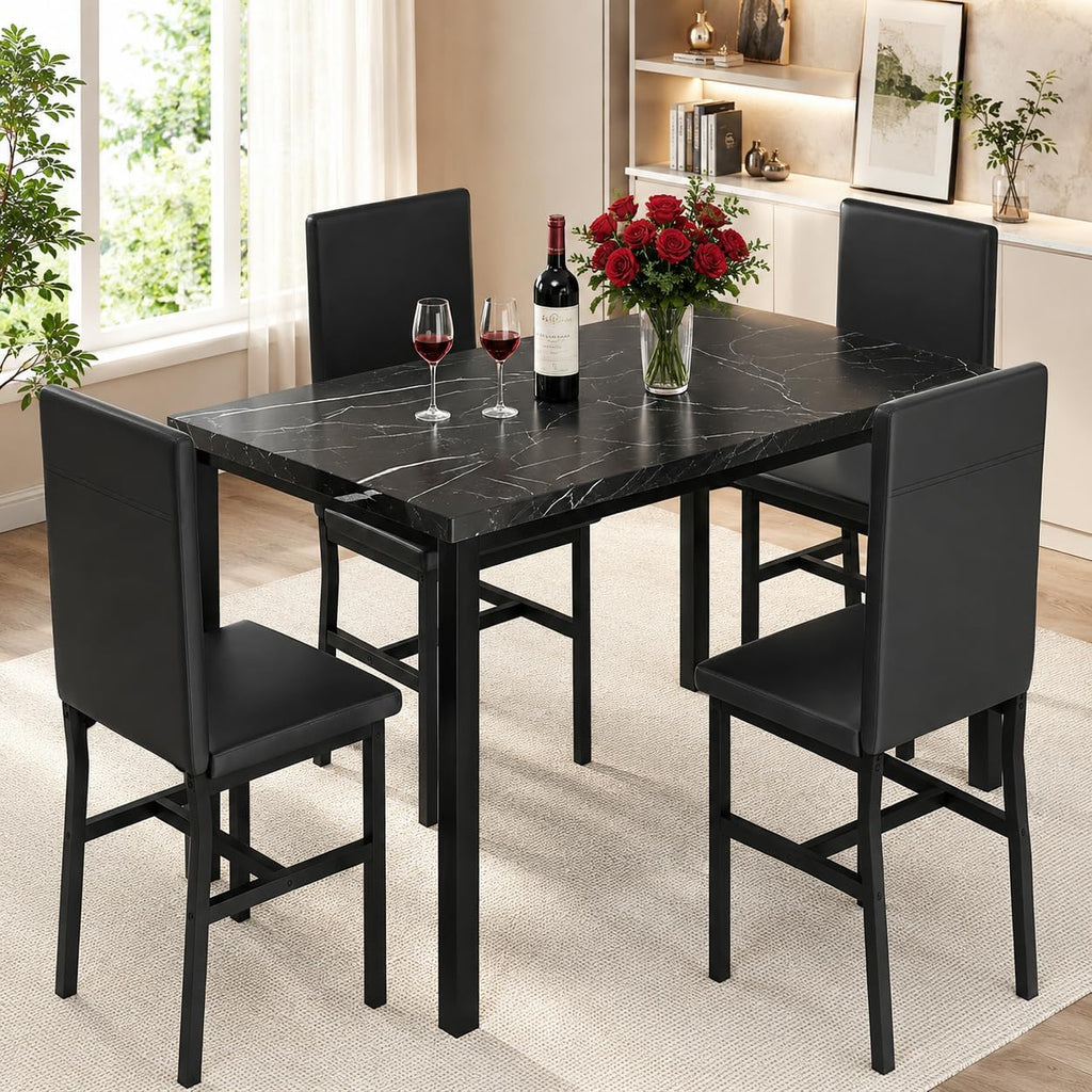 DKLGG 5-Piece Dining Table Set for 4, Faux Marble Kitchen Table Chairs Set of 4 with Upholstered Chairs, Modern Dining Room Table Set for Small Spaces (Black+Black)