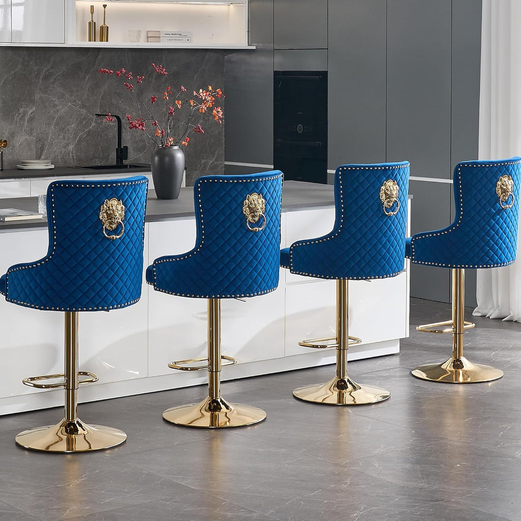 Gold Barstools Set of 4,Velvet Swivel Bar Height Stools with Lion Pull Ring,Upholstered Counter Height Stools with Tufted Back,Modern Adjustable Bar Chairs for Kitchen Island/Cafe, Navy Blue