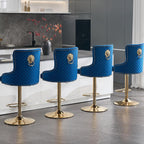 Gold Barstools Set of 4,Velvet Swivel Bar Height Stools with Lion Pull Ring,Upholstered Counter Height Stools with Tufted Back,Modern Adjustable Bar Chairs for Kitchen Island/Cafe, Navy Blue