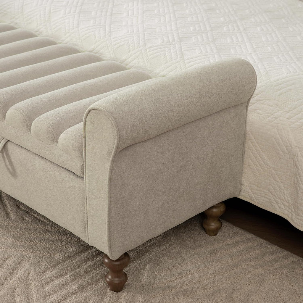 KEIKI 65.6" Modern Upholstered Storage Bench with Double Lids, Ottoman with Storage, Ottoman Bench with Rolled Armrest, Rubberwood Legs, for Bedroom, Living Room, Entryway & Window, Griege