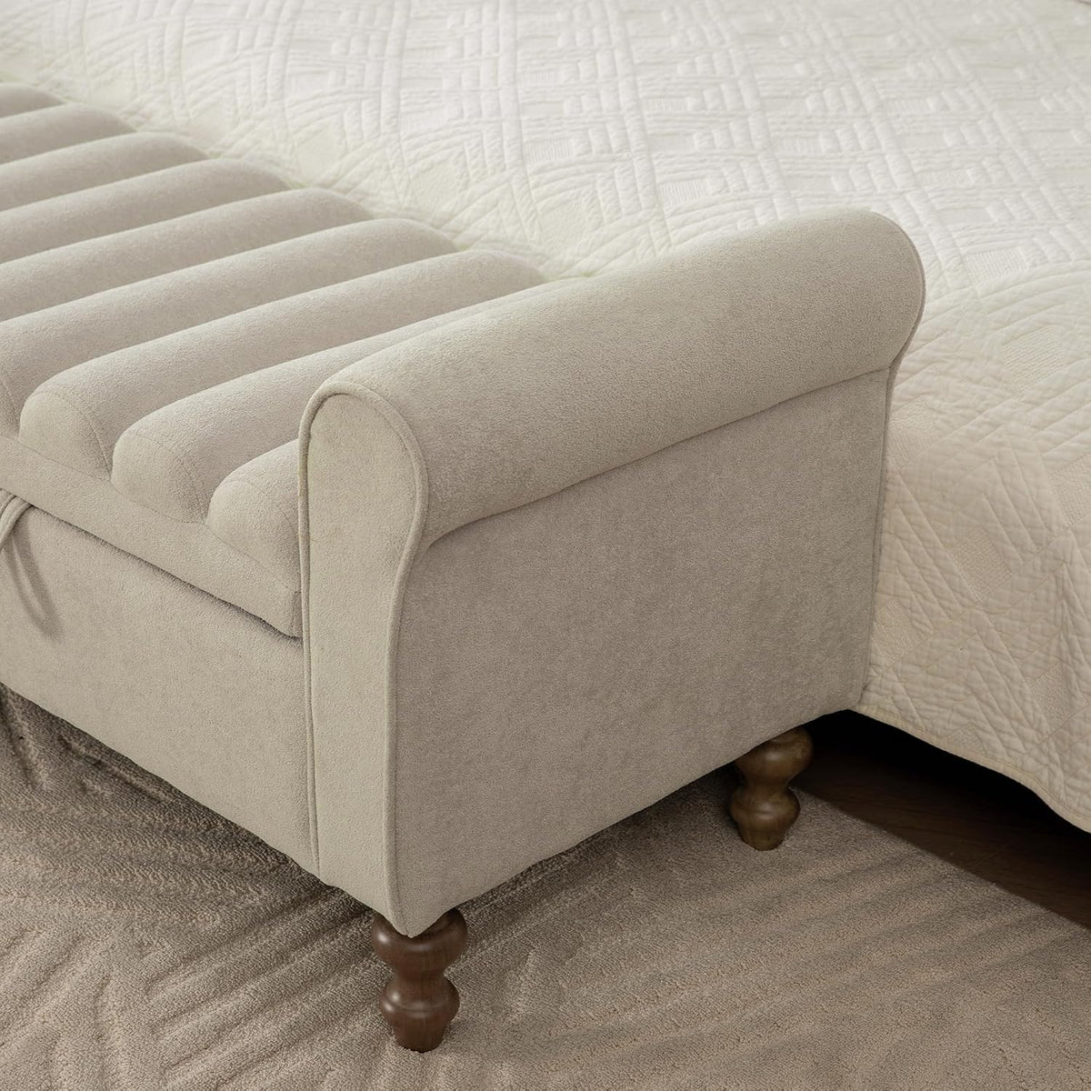KEIKI 65.6" Modern Upholstered Storage Bench with Double Lids, Ottoman with Storage, Ottoman Bench with Rolled Armrest, Rubberwood Legs, for Bedroom, Living Room, Entryway & Window, Griege