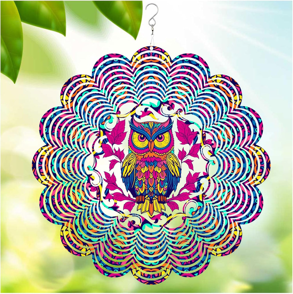 Wind Spinners Outdoor, Owl Metal 3D Hanging Garden Decor, 12-inch Stainless Steel Wind Spinner with Tail Spinner, Wind Sculptures for Patio Lawn Yard, Ornament Gift for Women/Men