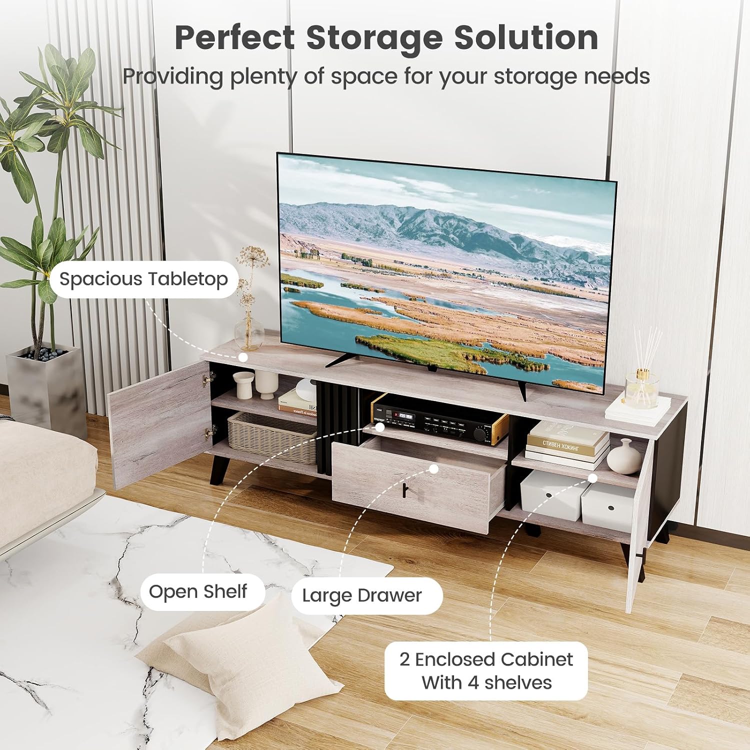 GIANTEX Mid Century Modern TV Stand for 65-80 Inch TV, Large Entertainment Center with Storage Drawer, 2 Side Cabinet &Open Shelf, Wood TV Console Table for Bedroom, Living Room