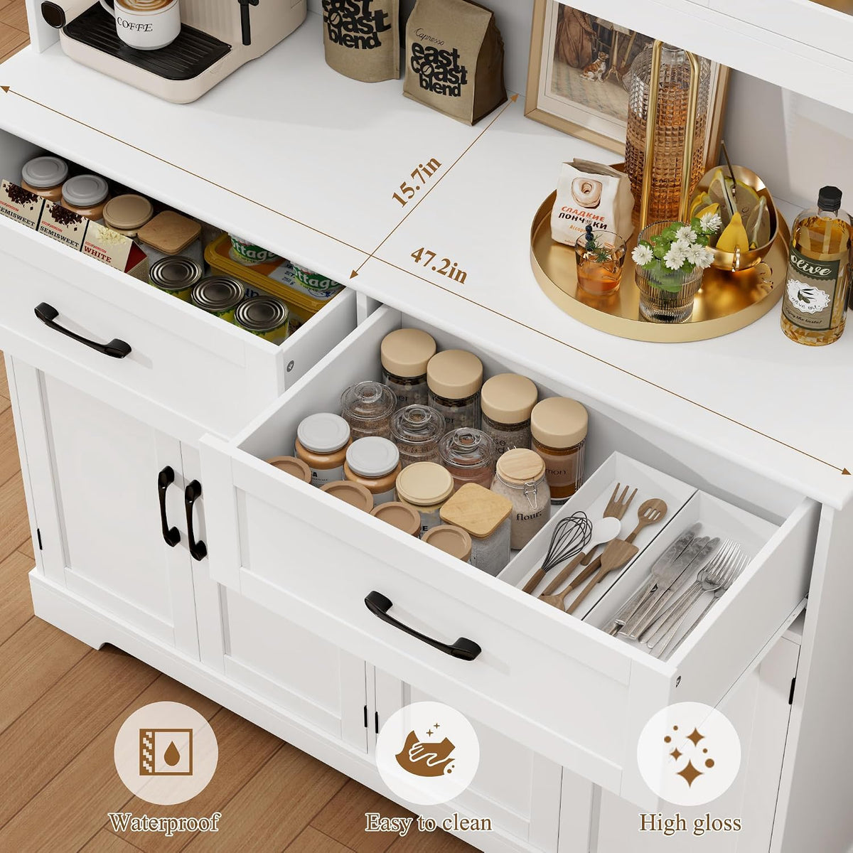 BOTLOG 71" Large Pantry Storage Cabinet with Microwave Stand | Tall Hutch Cabinet with Glass Doors 8 Storage Compartments for Dining Room, Modern White